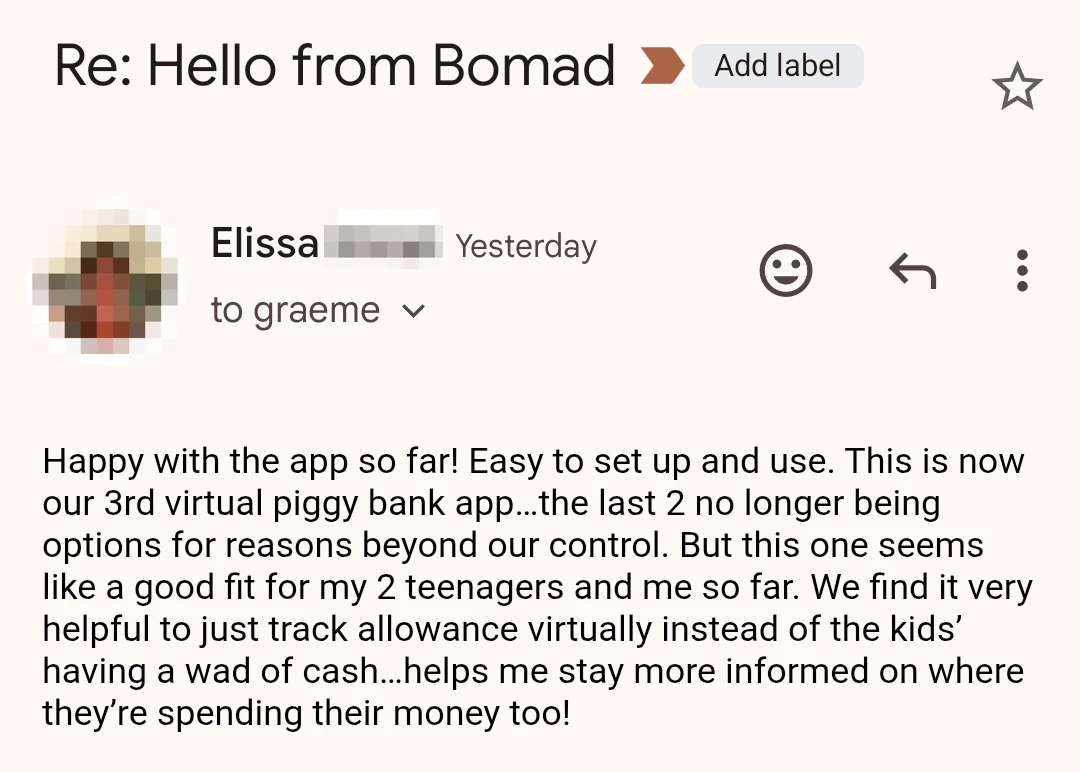 Email from lady saying Bomad is a good alternative to Gimi