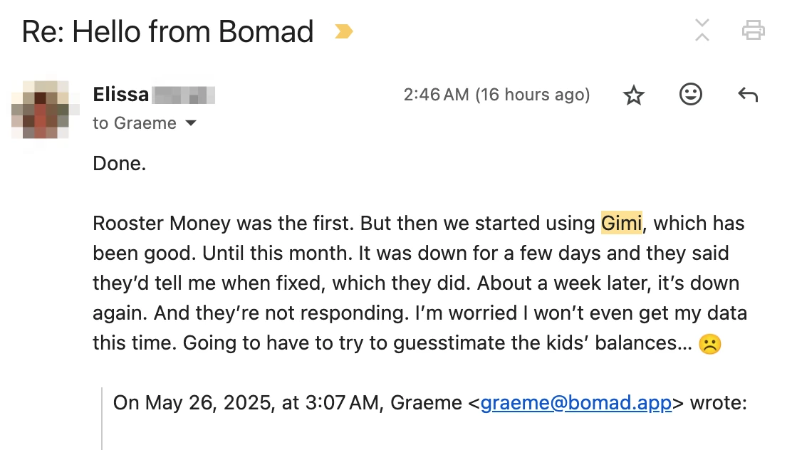 Email complaining that Gimi is down and unresponsive