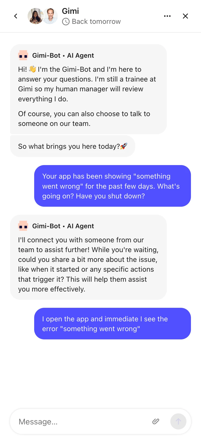 The support message I left