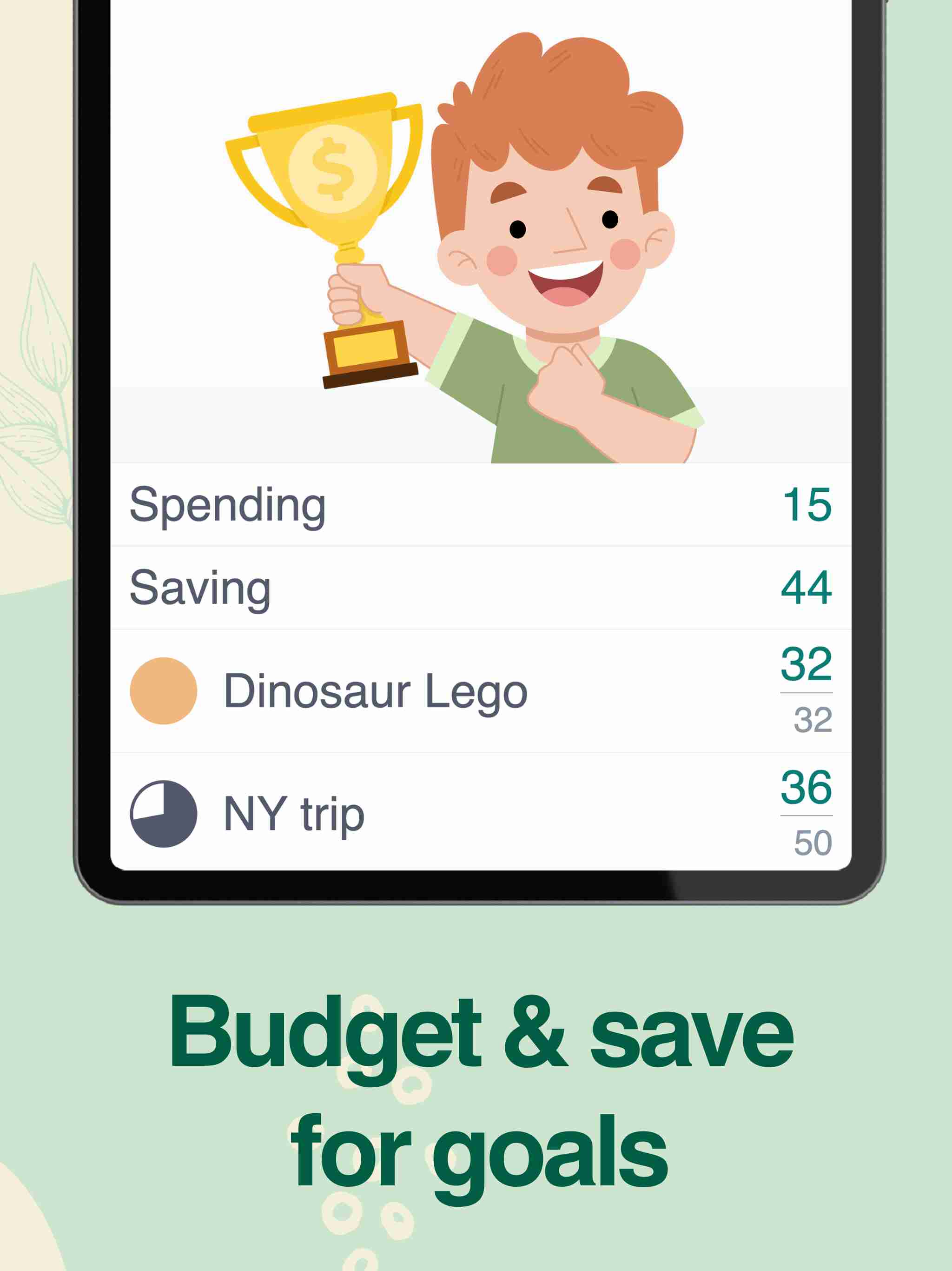 Budget & save for goals; spending, saving, giving